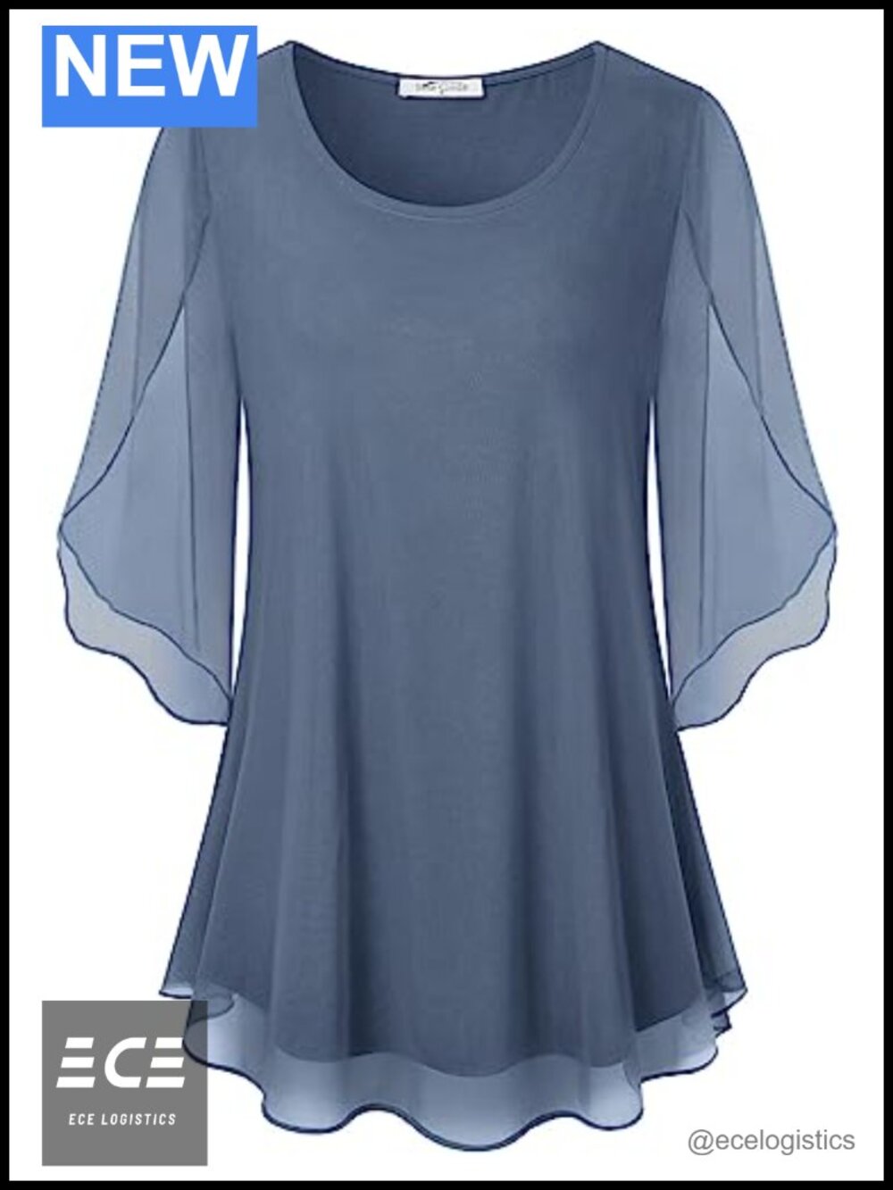 Womens Ruffle 3/4 Sleeve Mesh Blouse Loose Flowy Tunic Top Stretchy Shirt